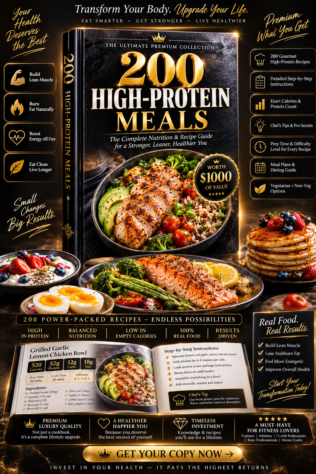 200 High-Protein Meal Recipes Cookbook | Healthy High Protein Meals with Calories & Protein Count, Easy Step-by-Step Recipes, Meal Prep & Chef Tips